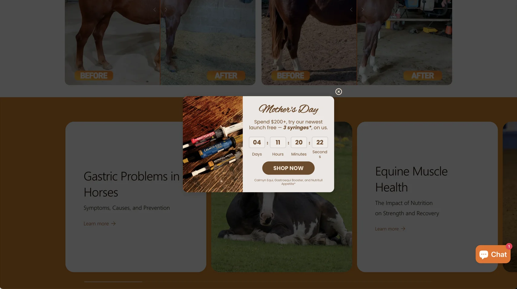 A centered e-commerce threshold-based promotional popup for Organnact, incentivizing a $200 minimum spend with a free premium supplement syringe bundle and an integrated countdown time.