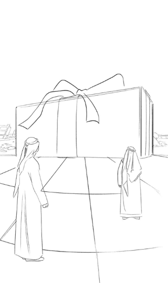 Multiple helicopters use heavy tethers to lower a branded gift box onto the building