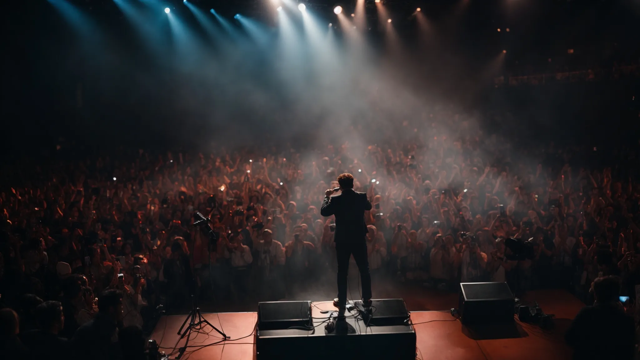 a musician stands on a vibrant stage, illuminated by spotlights, passionately performing while a crowd cheers in the background.