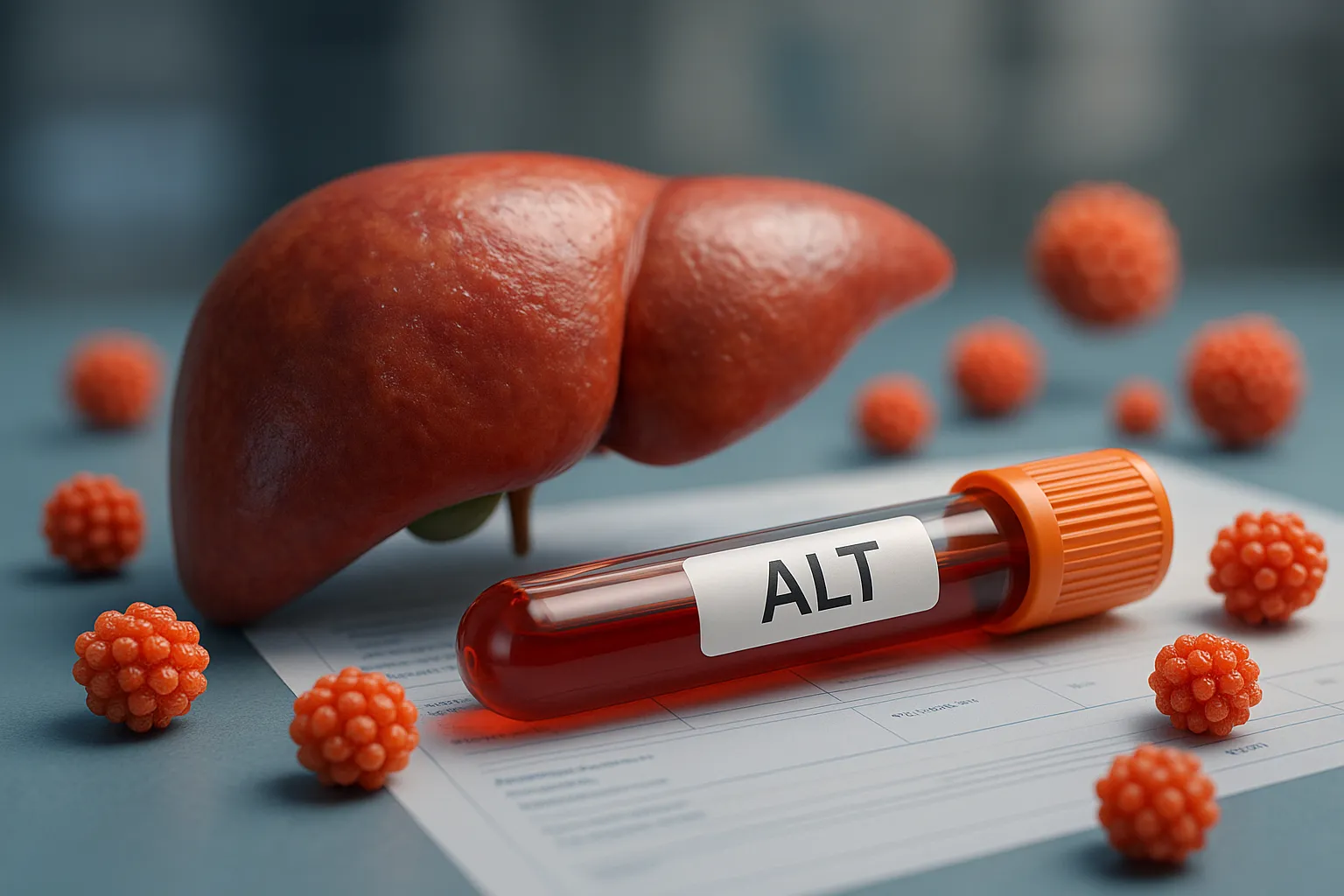 ALT - Blood tube labeled ALT lying in front of a realistic liver model on a lab report