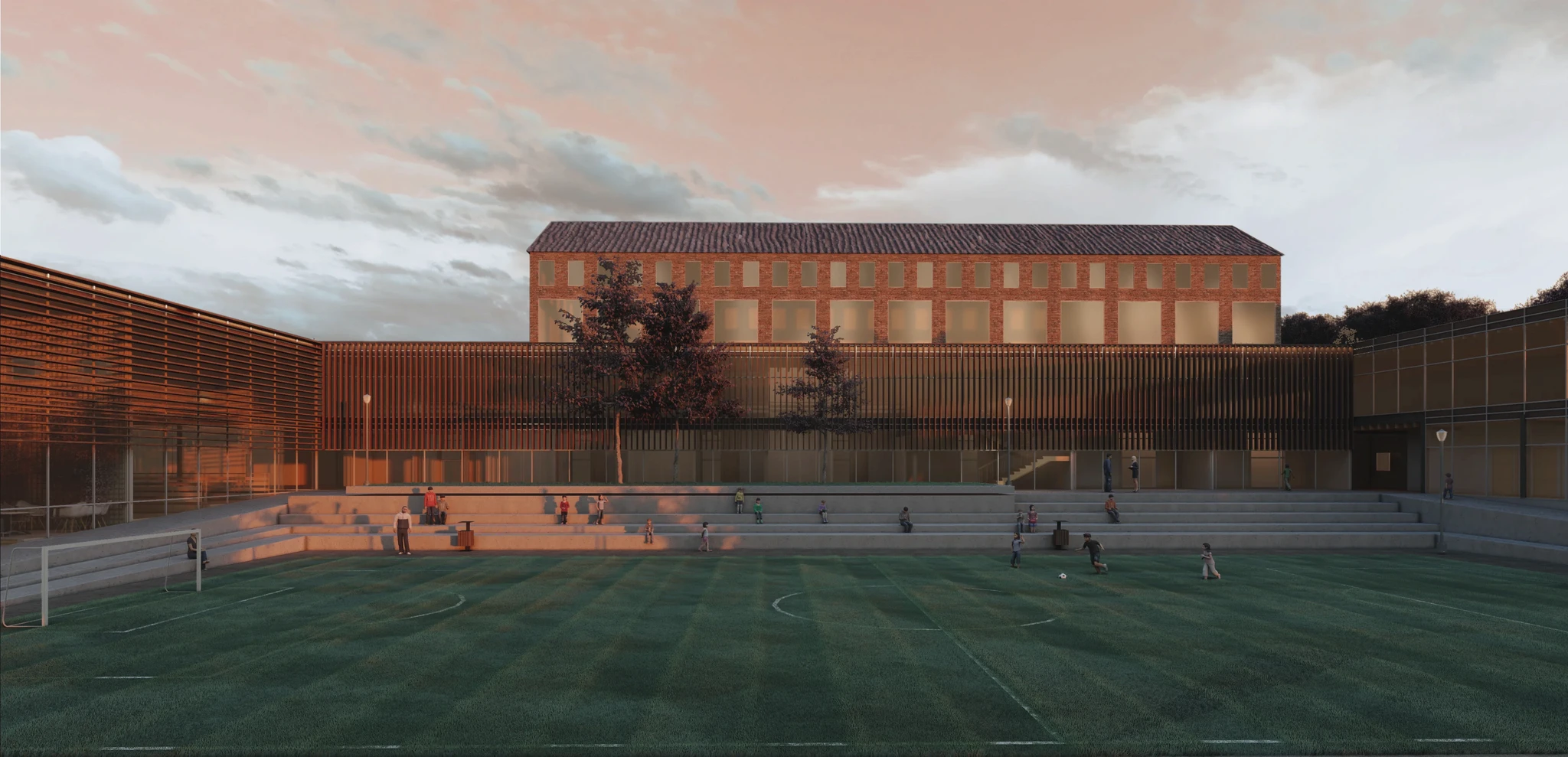 A soccer field in front of a building, depicted in a rendering.