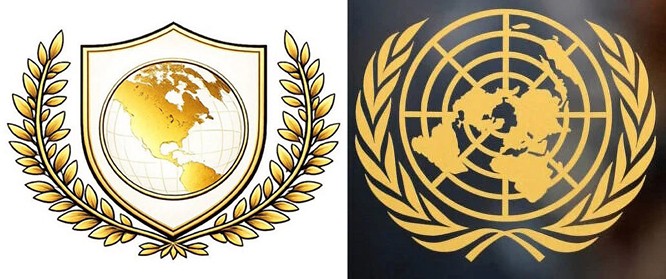 Side-by-side comparison of the Board of Peace emblem (gold globe inside a shield with laurel branches) and the UN emblem (gold azimuthal world map surrounded by olive branches).