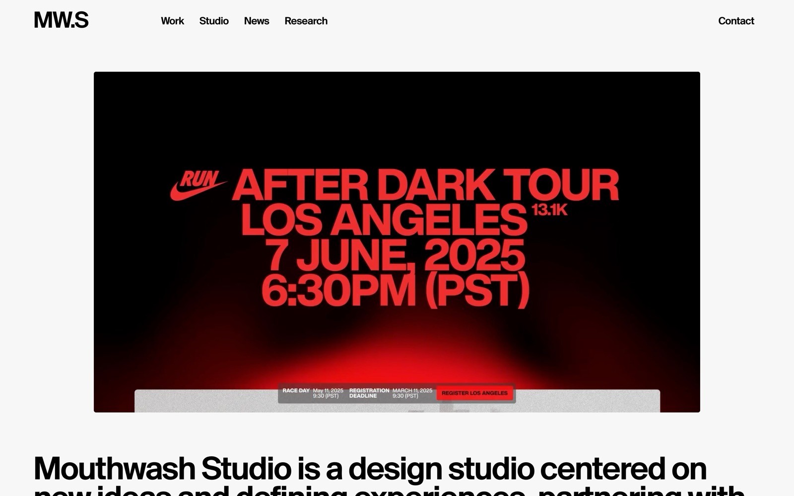 Nike RUN After Dark Tour Los Angeles. 13.1K. 7 June, 2025, 6:30PM (PST). Red and black background.
