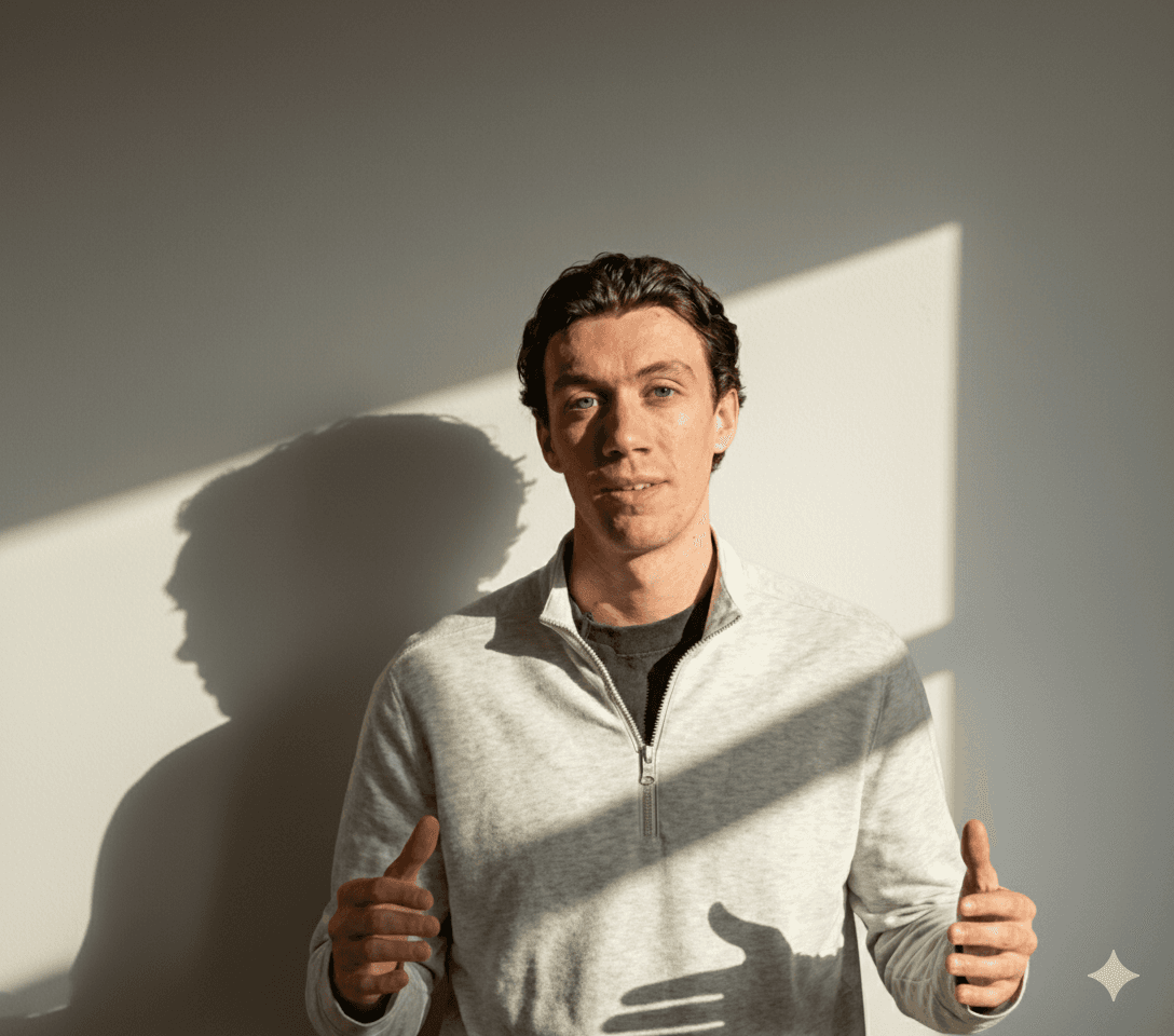 Smiling man and woman sitting on a couch, chatting in warm natural light with a plant nearby