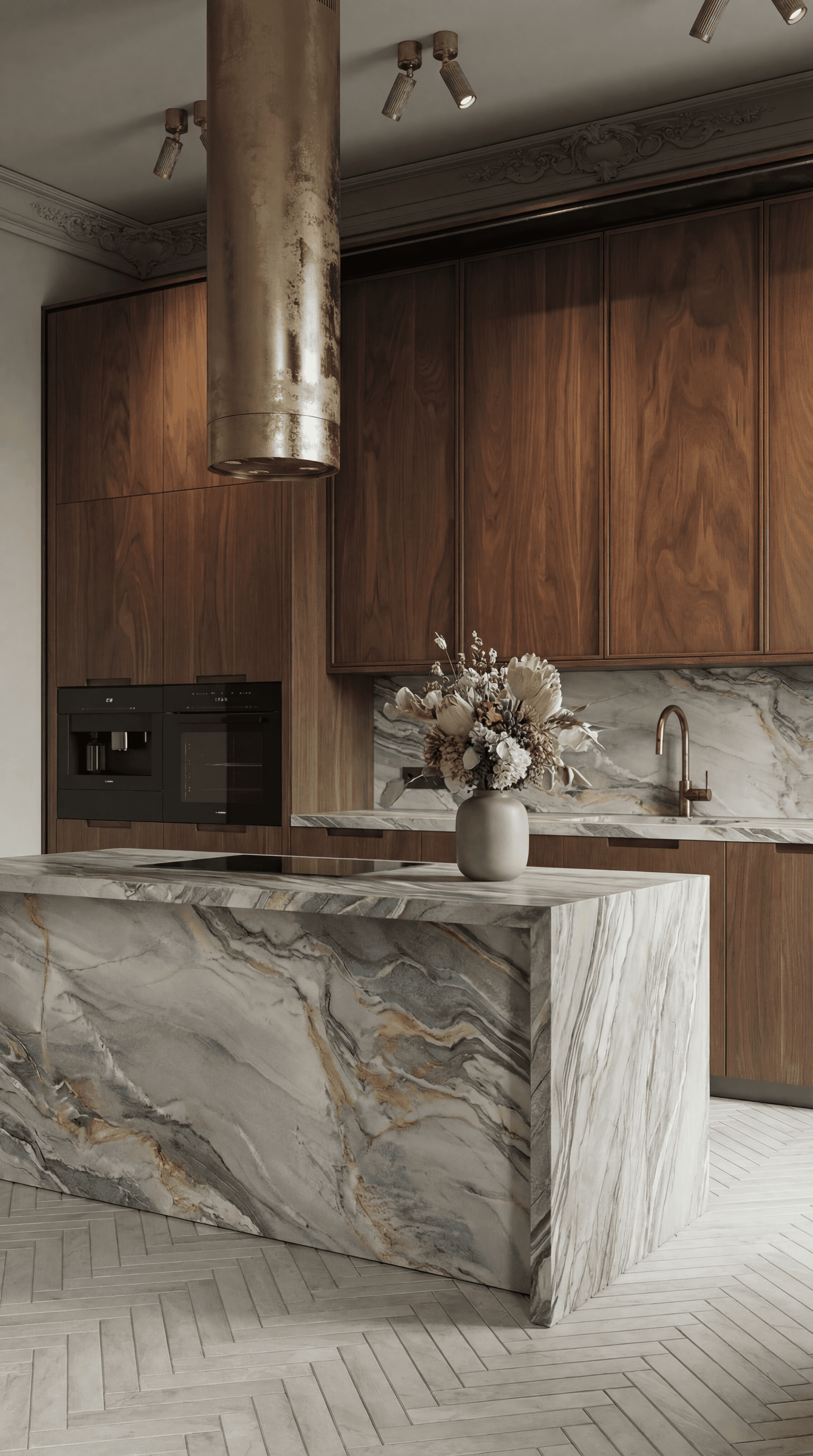 Luxury modern kitchen with light quartzite waterfall island, walnut cabinetry and brass range hood, soft natural light