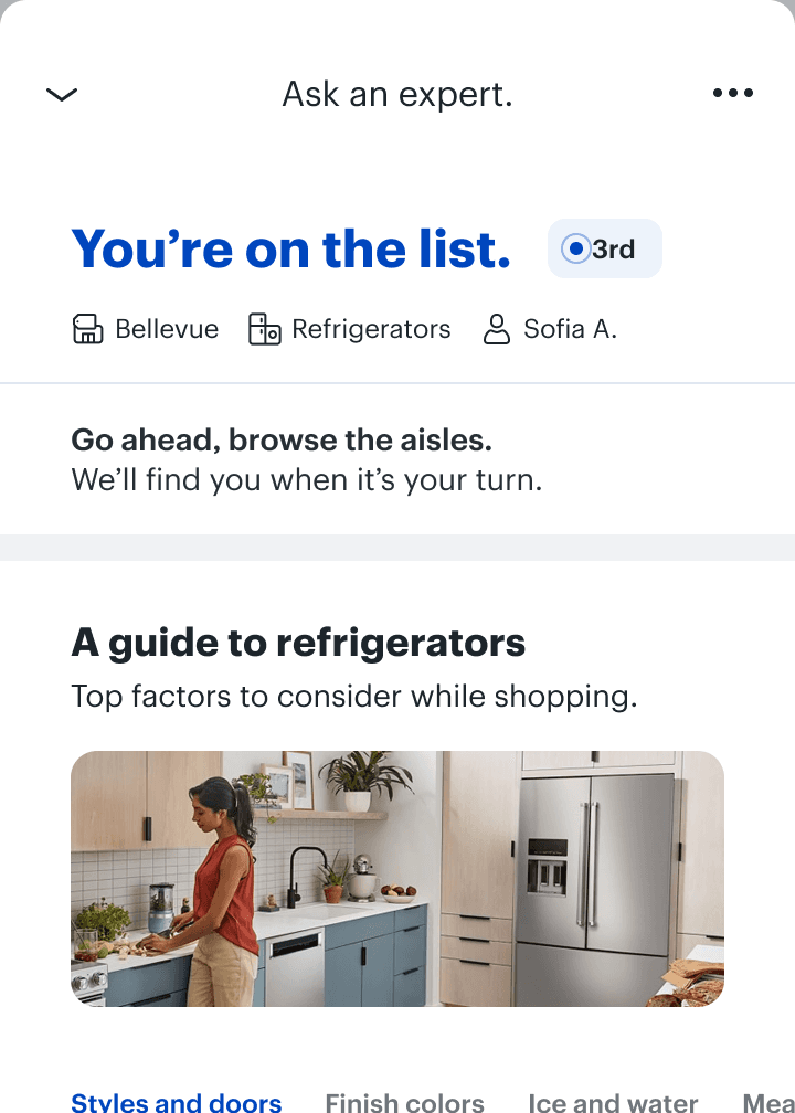 Best Buy app waitlist screen. Shows a customer’s queue position and a guide to refrigerators