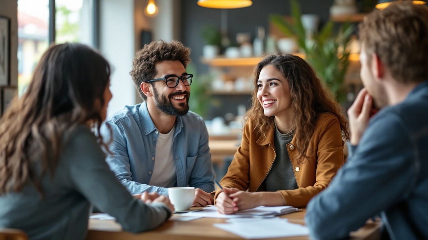 Netwerkende ondernemer in een café met klanten.