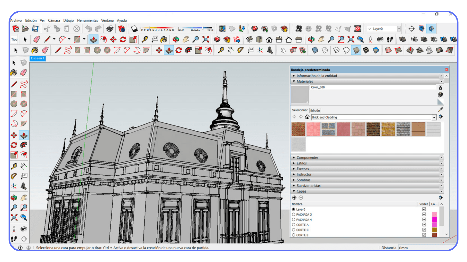 SketchUp interface showing a simple 3D building model during early design stage