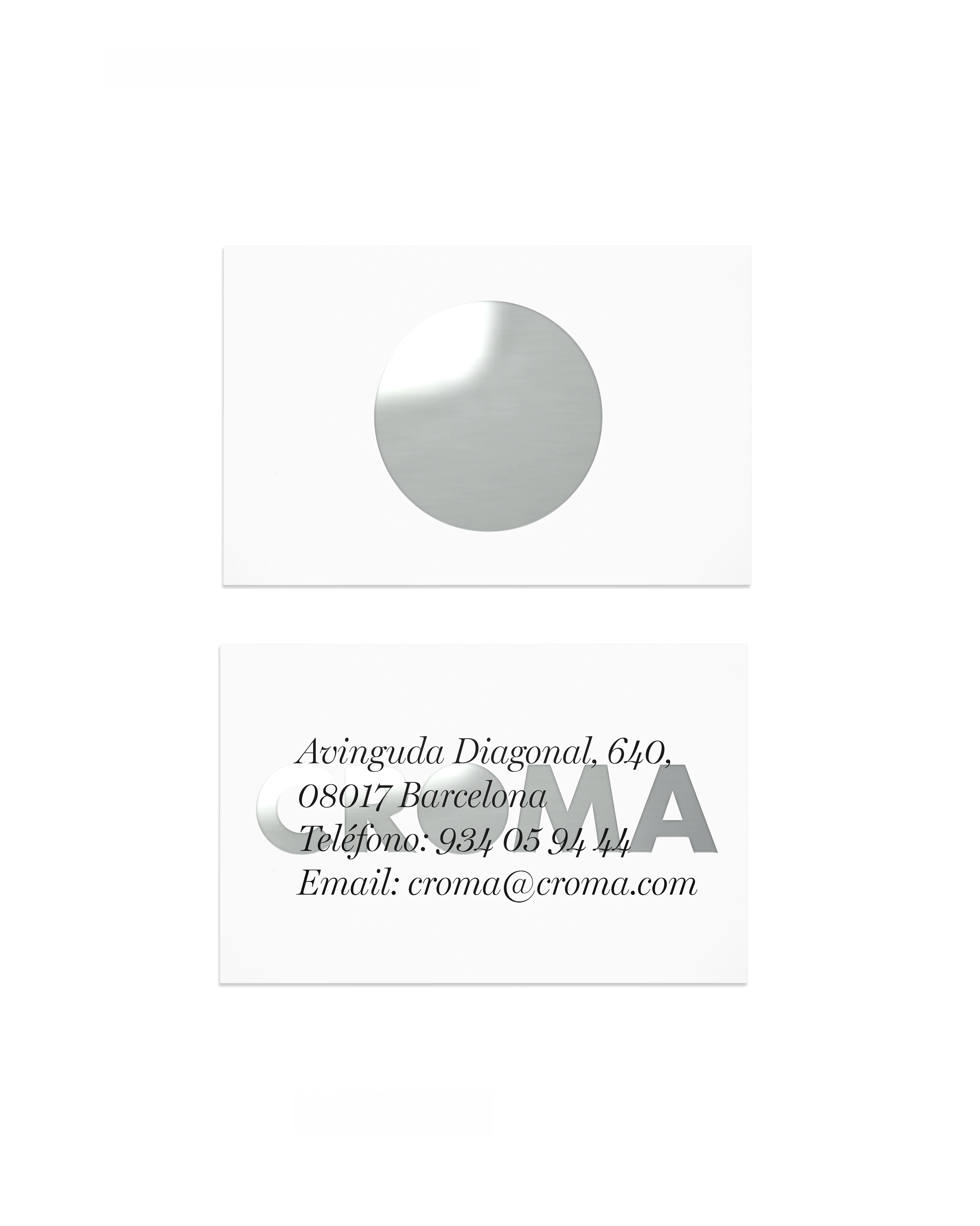 Croma business cards with the circle mark and address, brand identity design by Sebastian Saavedra