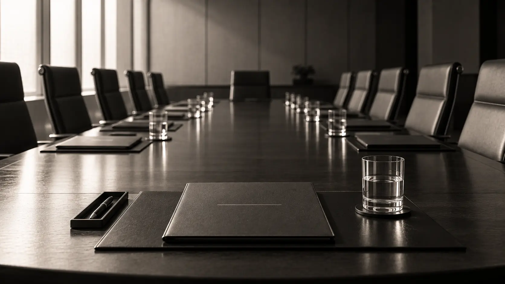 An empty boardroom seen from the head of the table, a closed folder at the first place