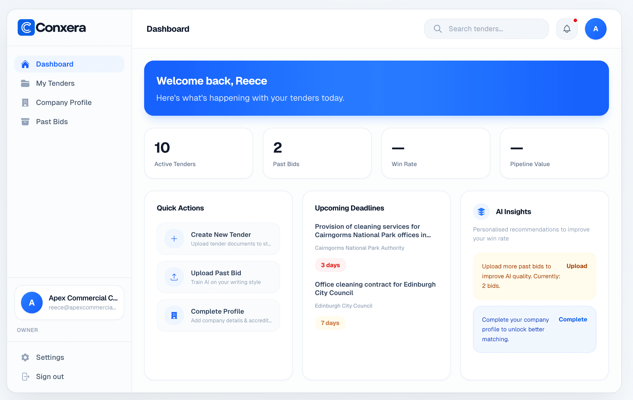 Conxera dashboard showing tender submissions, deadlines, quick actions and AI insights