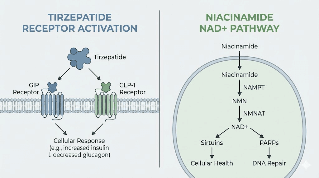 How tirzepatide and niacinamide work through different metabolic pathways