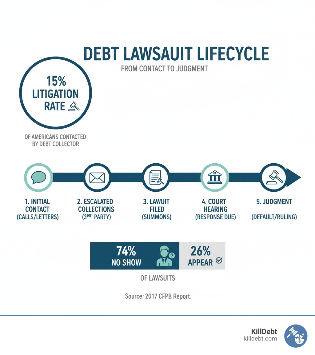 Debt lawsuit lifecycle infographic showing 15% litigation rate and key stages from contact to judgment - can a debt