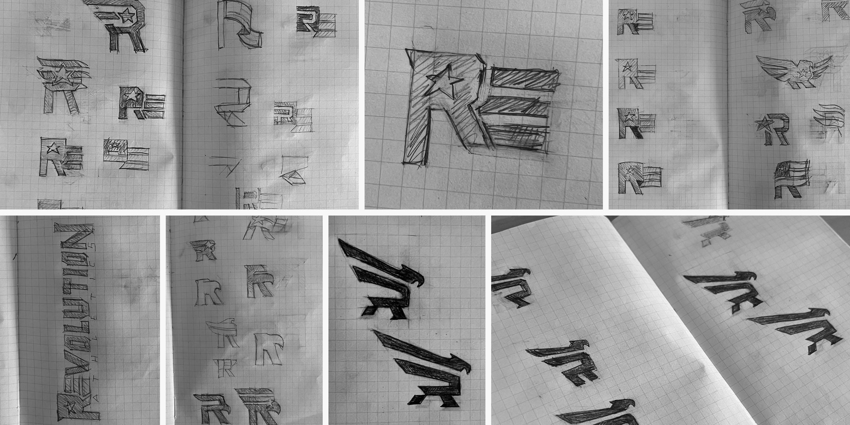 Revolution Athletics logo mark exploration sketches.
