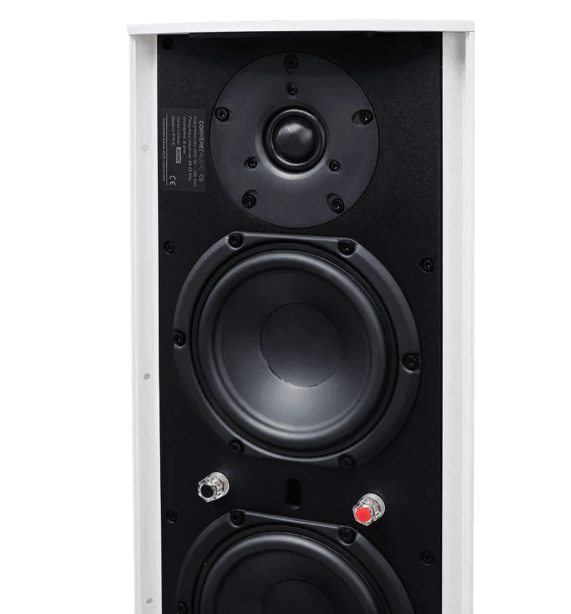 White speaker with multiple black drivers.