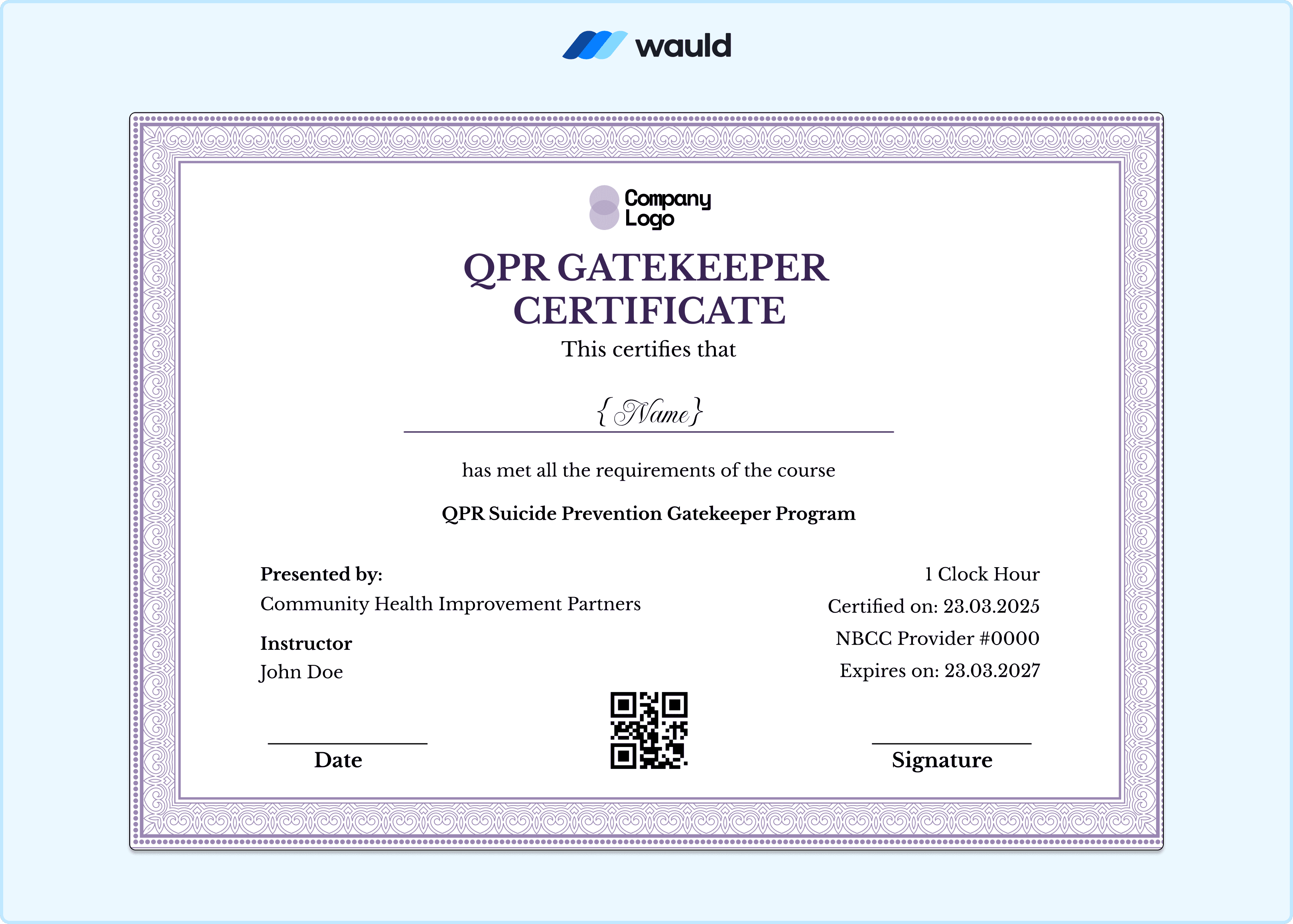 Soft lavender QPR Gatekeeper certificate template with clean layout, recipient name field, instructor credentials, Community Health Improvement Partners details, certified date, expiry date, NBCC Provider number, and QR code