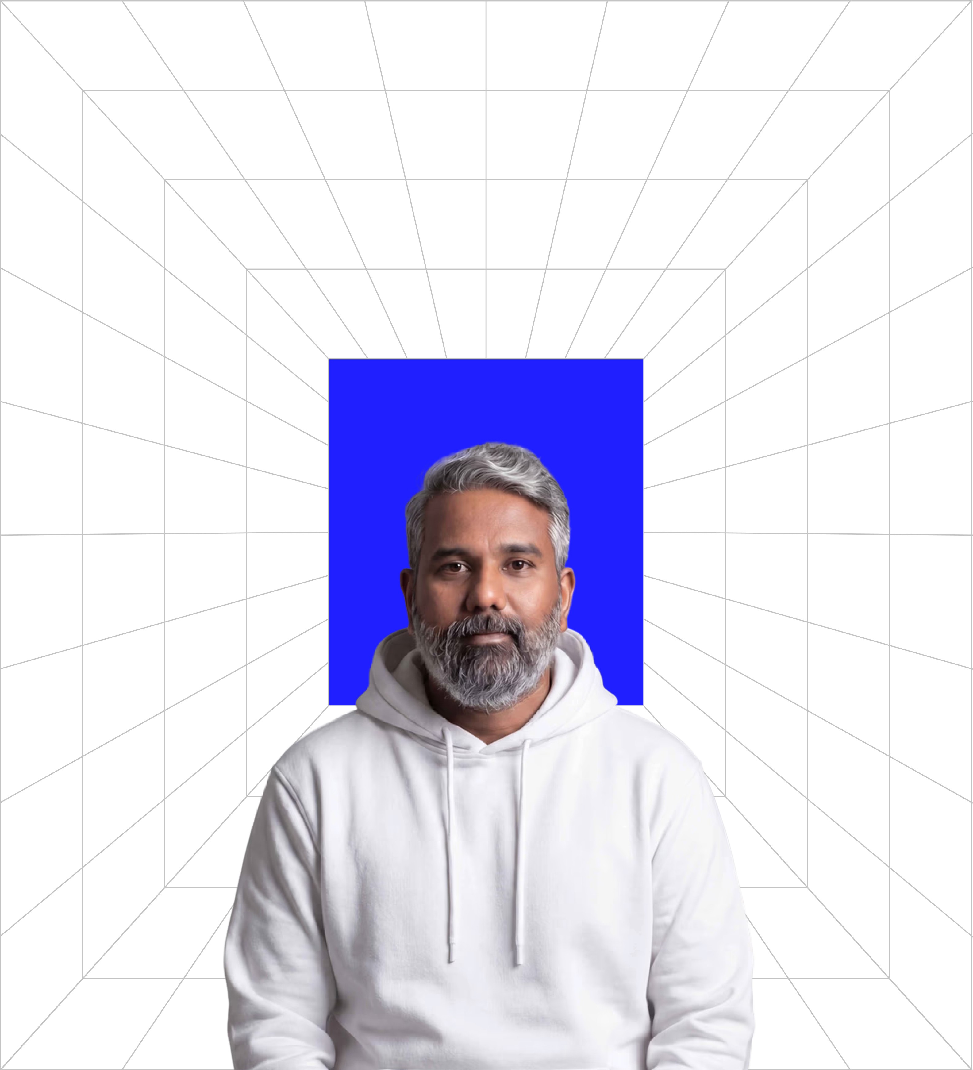 Andy Charles, Captain & CEO of BMEG, posing in a black hoodie with a confident expression. The photo is set against a vibrant BMEG-blue background block on a futuristic, geometric wireframe pattern, reflecting dynamic leadership in an innovative agency.