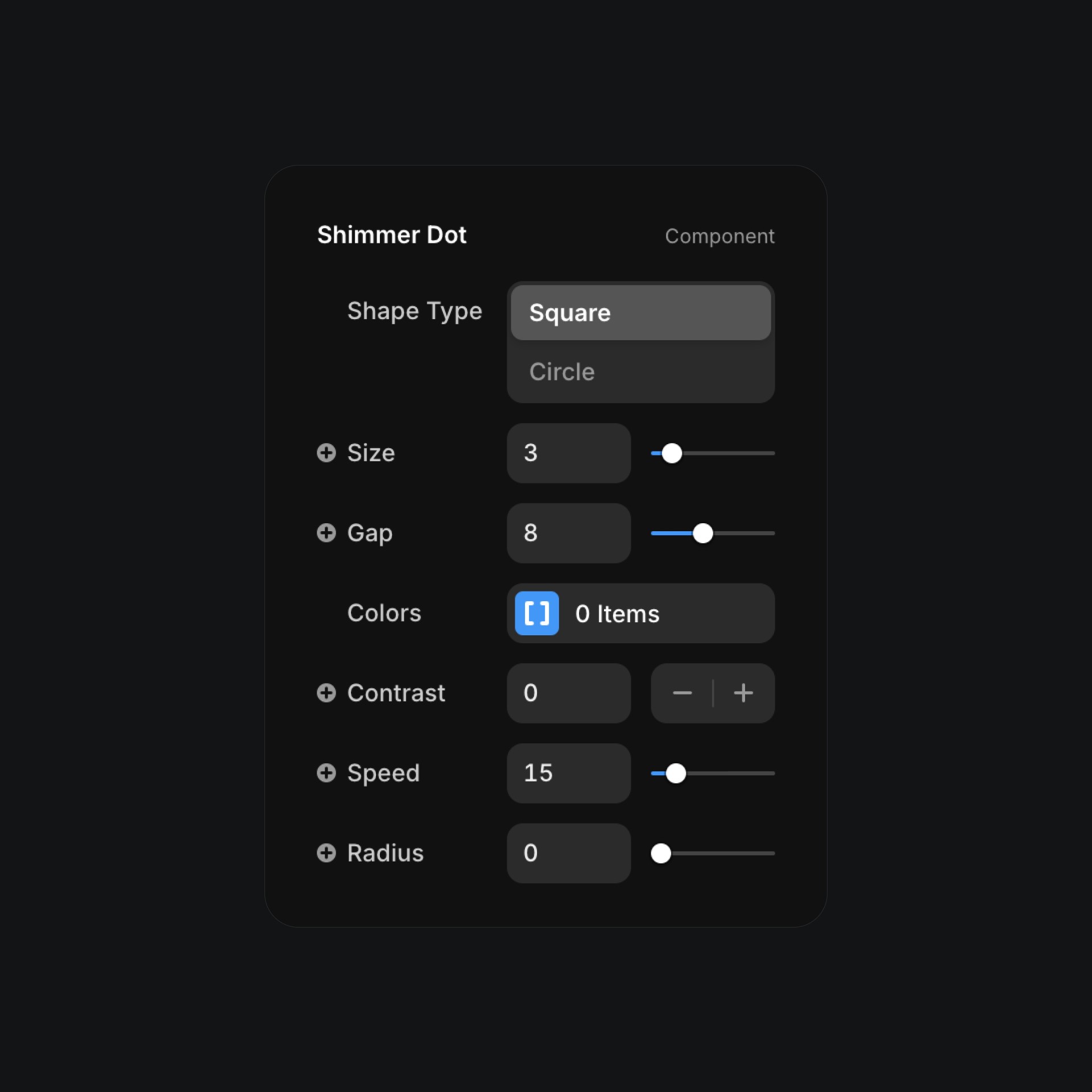 shimmer dot component properties in Framer