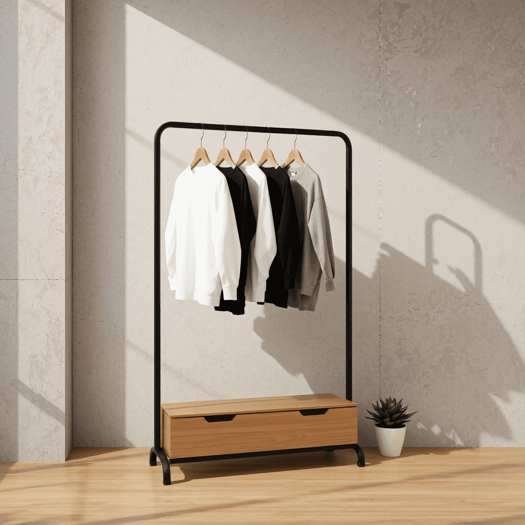 product photography of a clothing rack with storage