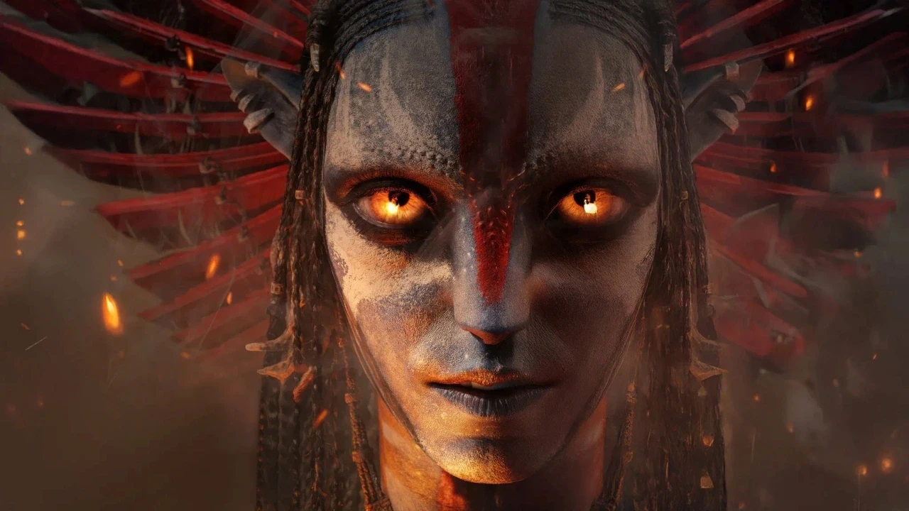 A striking fantasy artwork depicts a mystical figure with glowing amber eyes, adorned with intricate face paint and an elaborate headdress made of red feathers, set against a smoky, atmospheric background with floating embers.