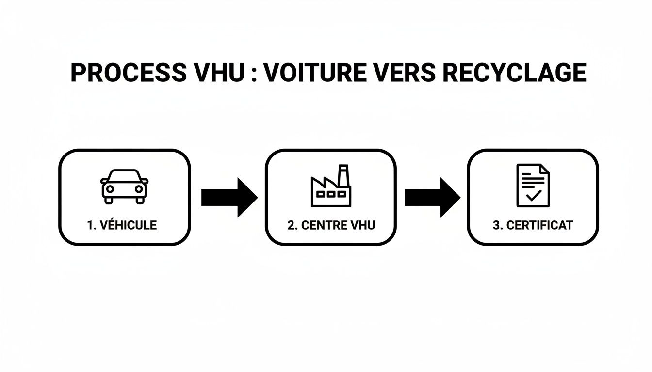Diagramme illustrant le processus de destruction et de recyclage d'une voiture hors d'usage, de la récupération du véhicule au certificat.