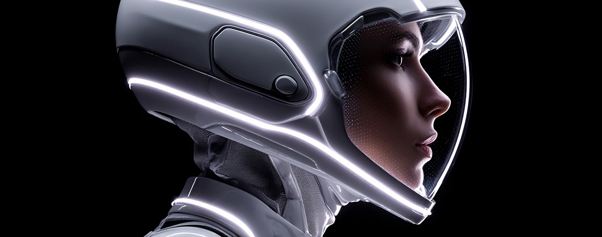 미래형 우주복 헬멧을 착용한 인물의 측면 클로즈업 이미지