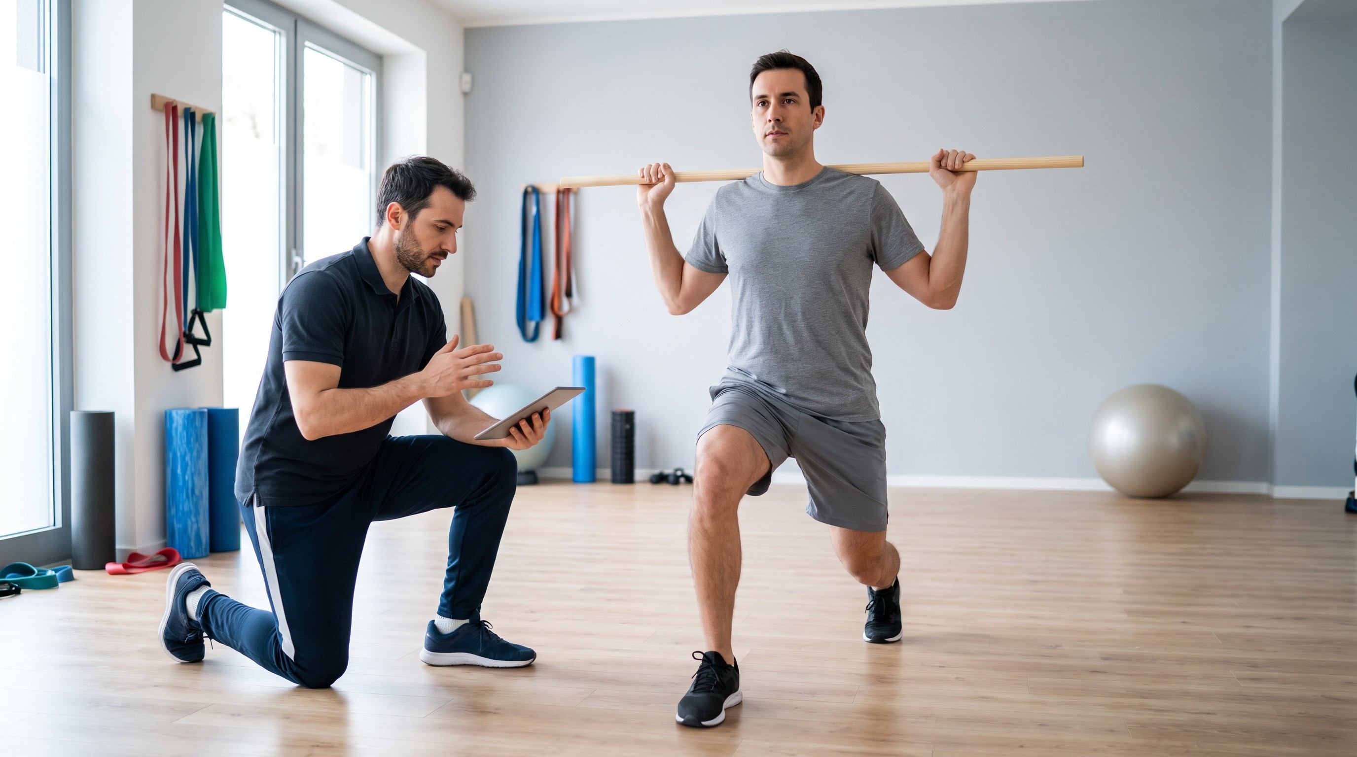 Istruttore di riabilitazione funzionale analizza il pattern di movimento di un cliente in palestra