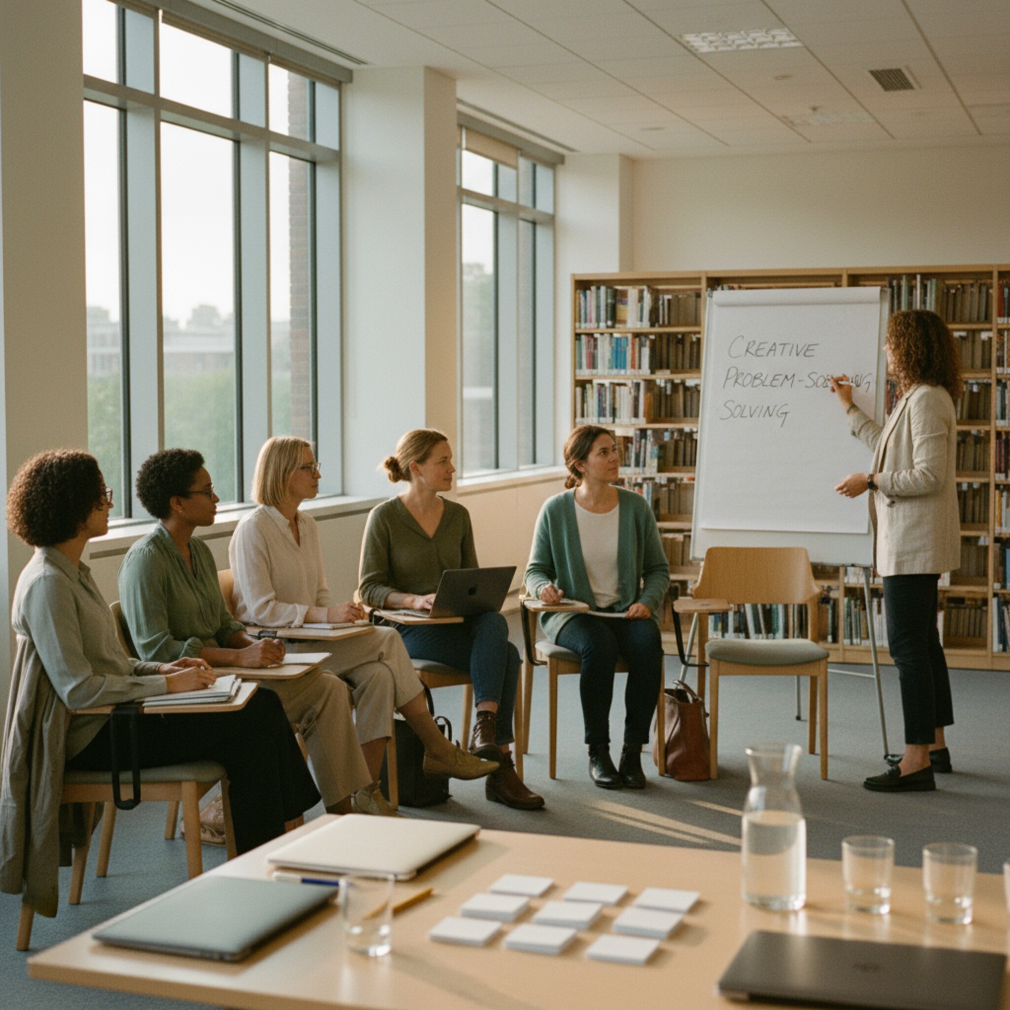 Ein halbkreisförmiger Stuhlkreis füllt sich langsam, auf einem Tisch liegen Laptops und Notizkarten. Eine Trainerin notiert das Thema des Abends auf dem Flipchart. Teilnehmende begrüßen sich leise. Die Stimmung ist offen, vorbereitet und fokussiert.