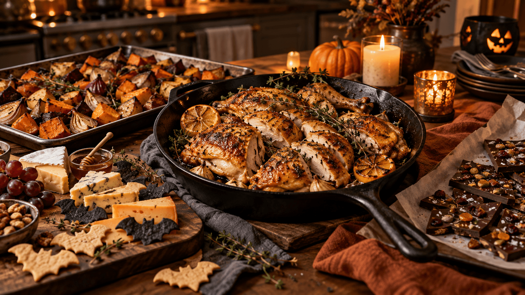 Halloween-themed dinner spread featuring herb-roasted chicken, roasted vegetables, assorted cheeses, crackers, and chocolate treats, decorated with pumpkins and candlelight.