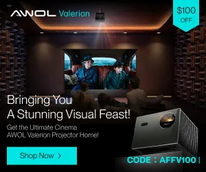 A stylish living room setting featuring a large flat-screen displaying a classic film scene to showcase the AWOL Vision Valerion Projector, with a promotional offer of 100 off highlighted in the image.
