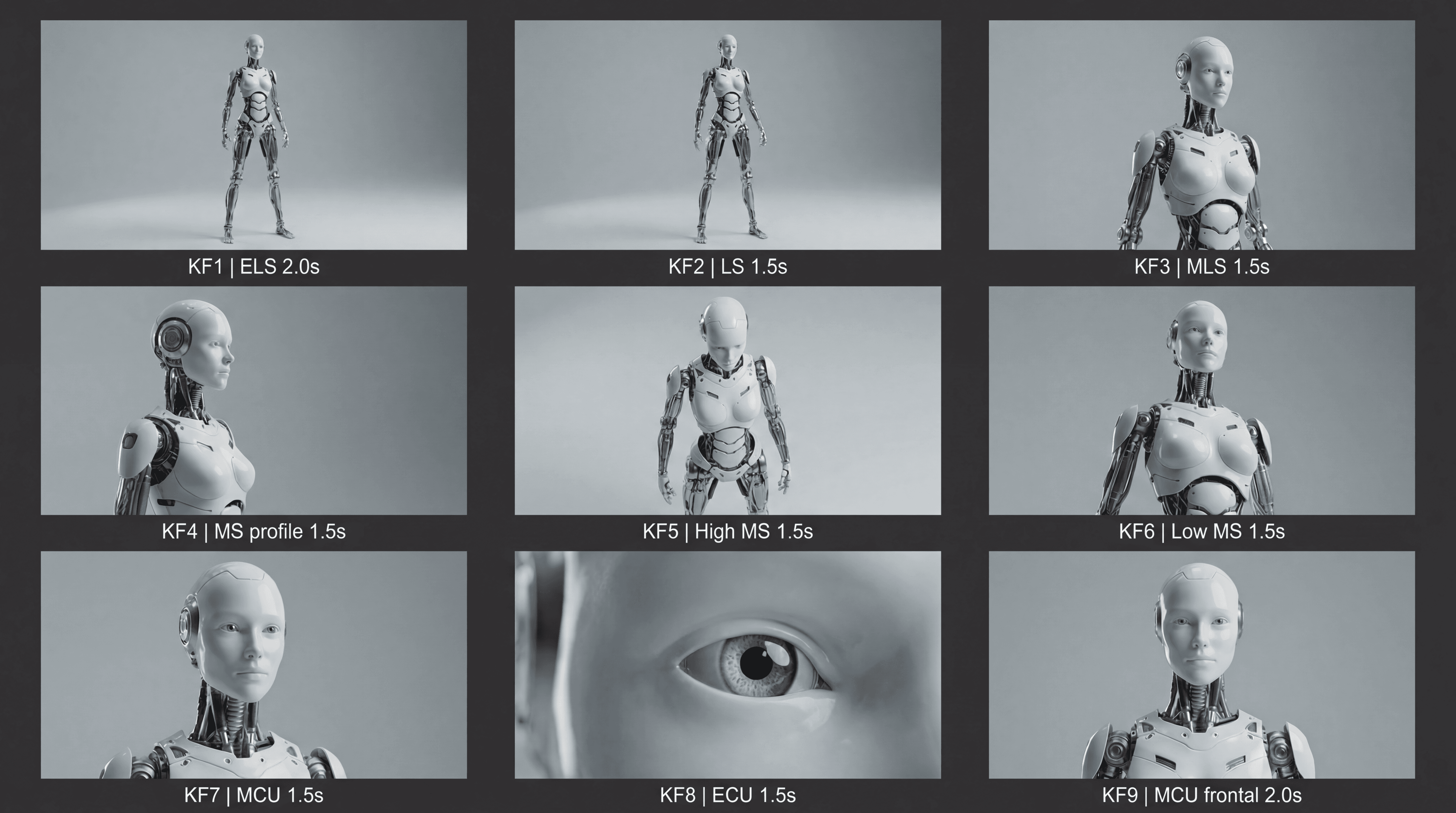 Storyboard grid showing humanoid robot performance close-ups