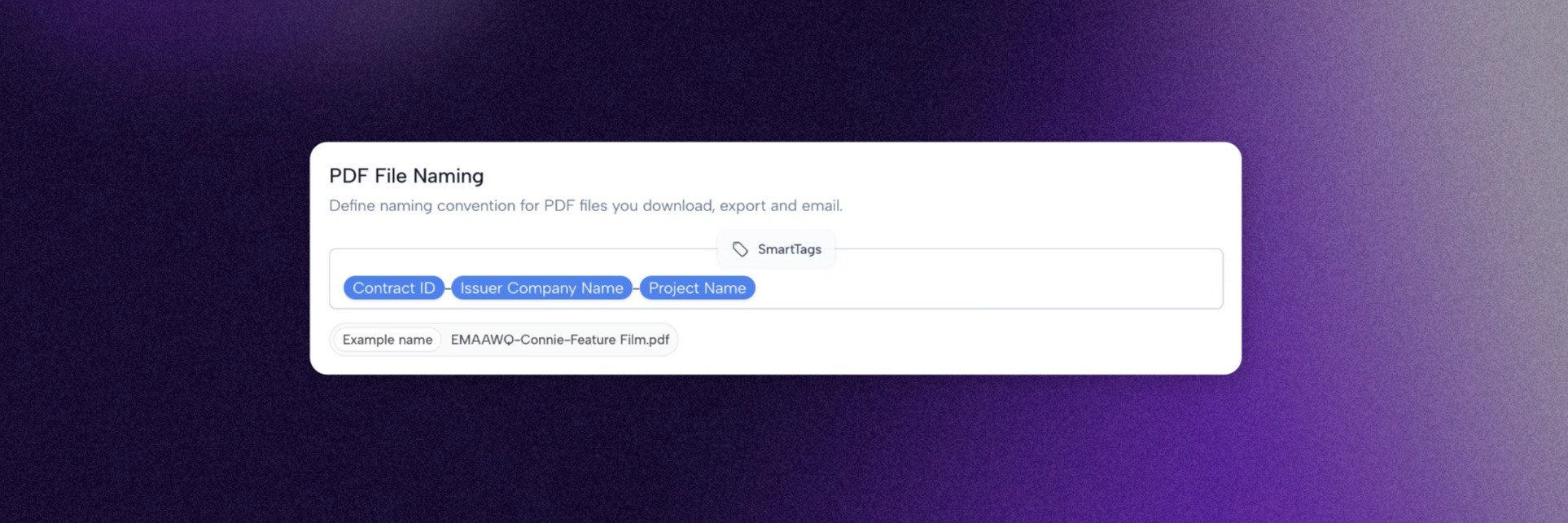 The "PDF file naming" tool in Connie's interface.