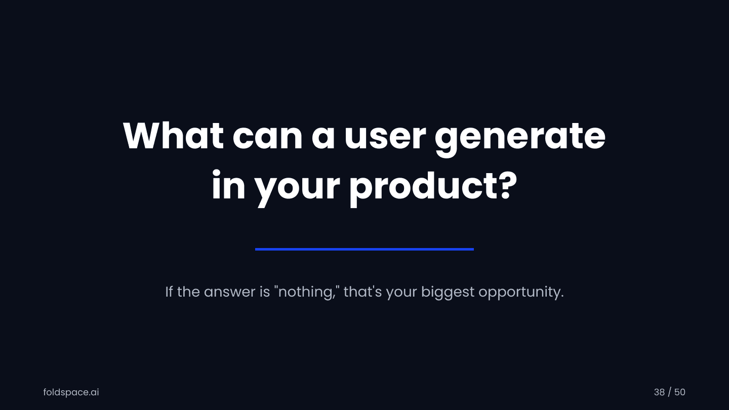 slide-35.png — What can a user generate in your product? If the answer is "nothing," that's your biggest opportunity.