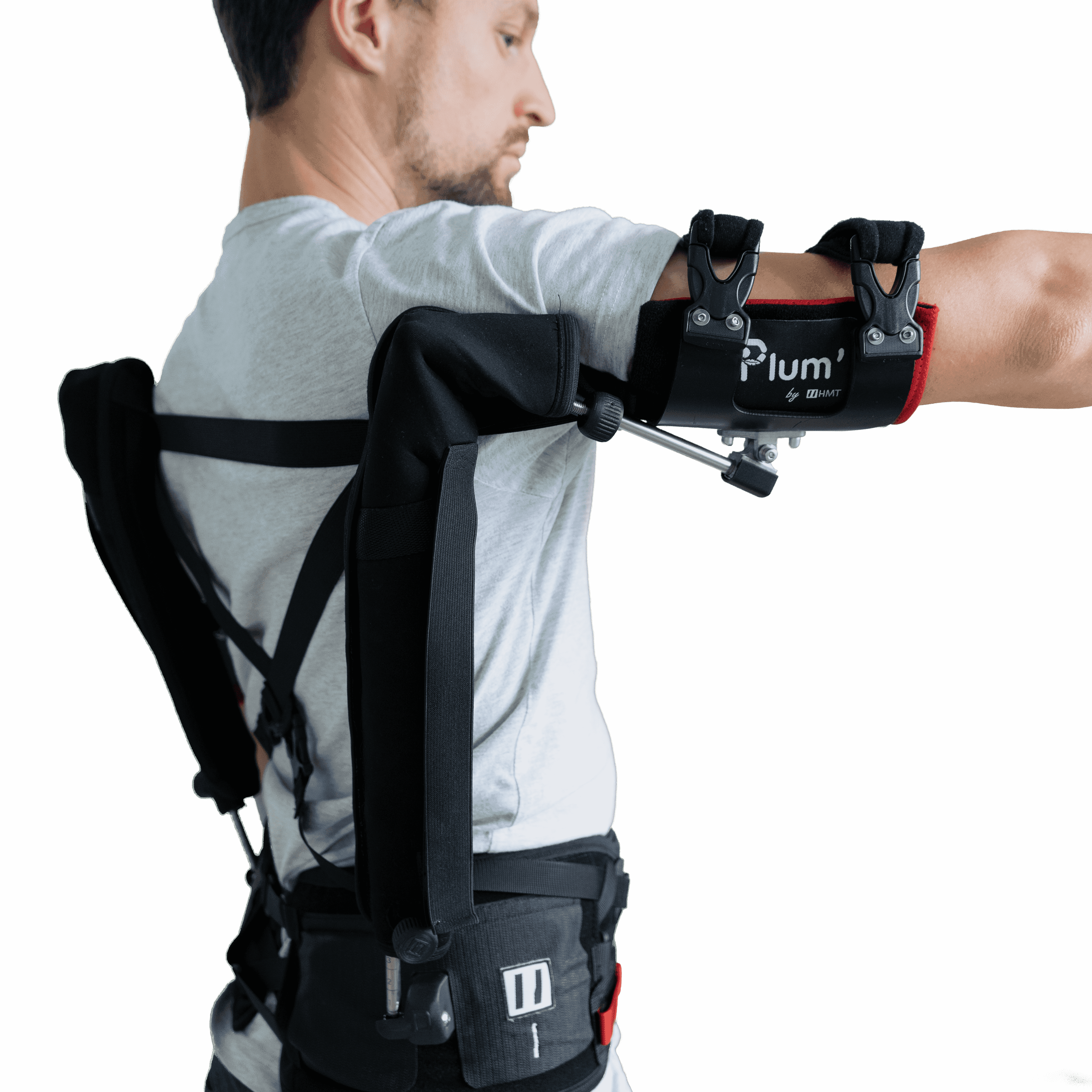 Person wearing the Plum' exoskeleton, designed to provide support for the arms and shoulders during tasks at height.