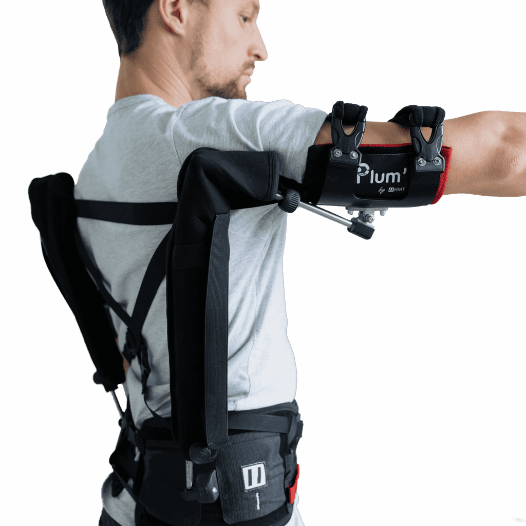 Plum' exoskeleton designed to relieve arms and shoulders during repetitive tasks at height, offering a reduction in muscle fatigue.