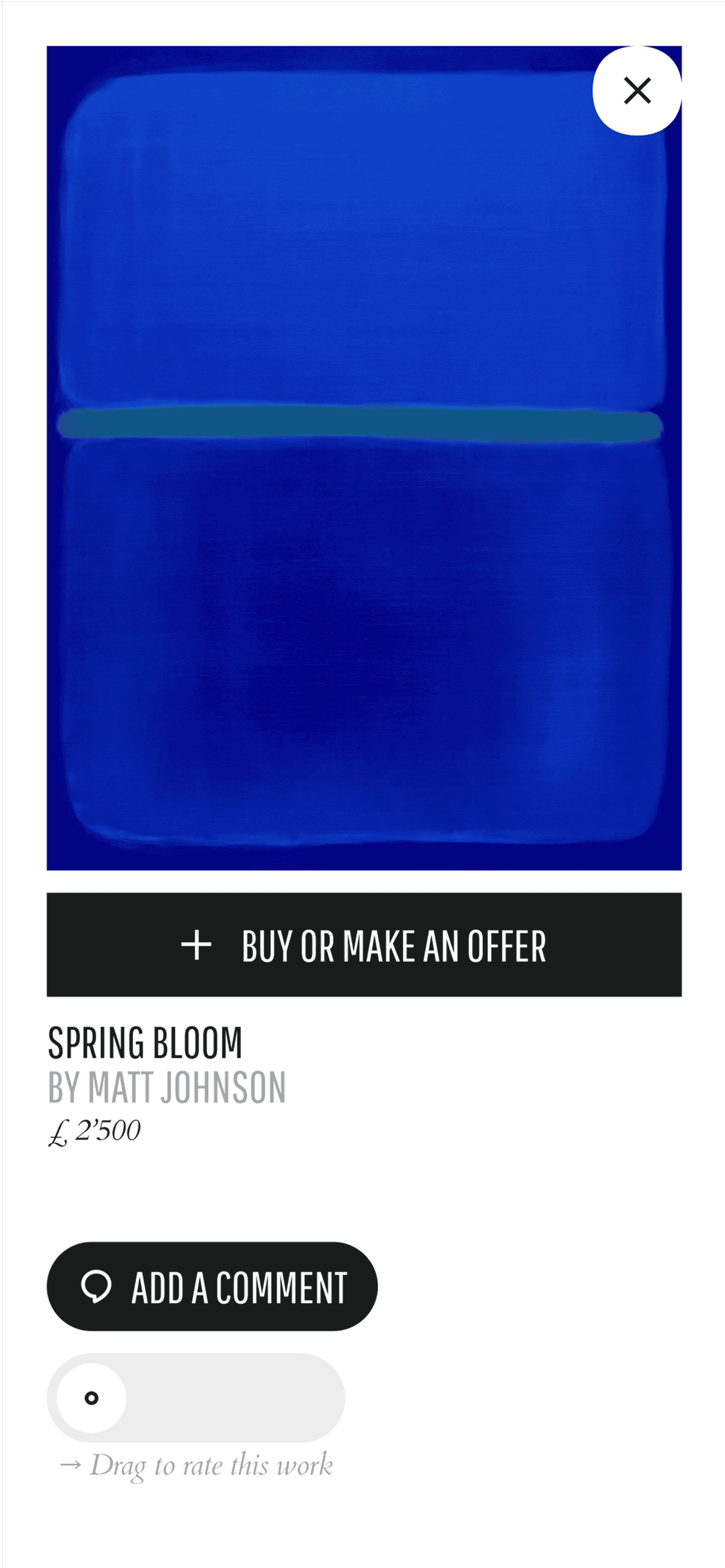 Artwork detail screen with title, price, and rating slider