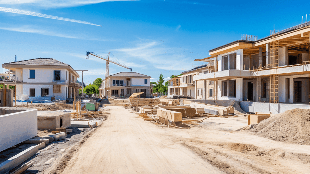Residential construction site with partially built homes, construction materials, and crane under sunny sky
