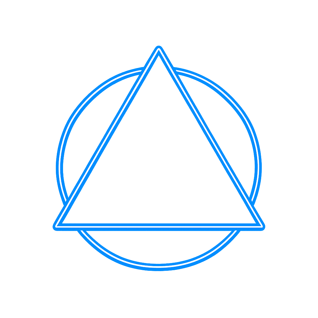 Inquisitor sigil of Cirqus Heresy — a glowing blue geometric emblem with a circle and intersecting triangular lines, symbolizing research, truth-seeking, analytical mastery, and the Order’s investigators who uncover hidden structures.