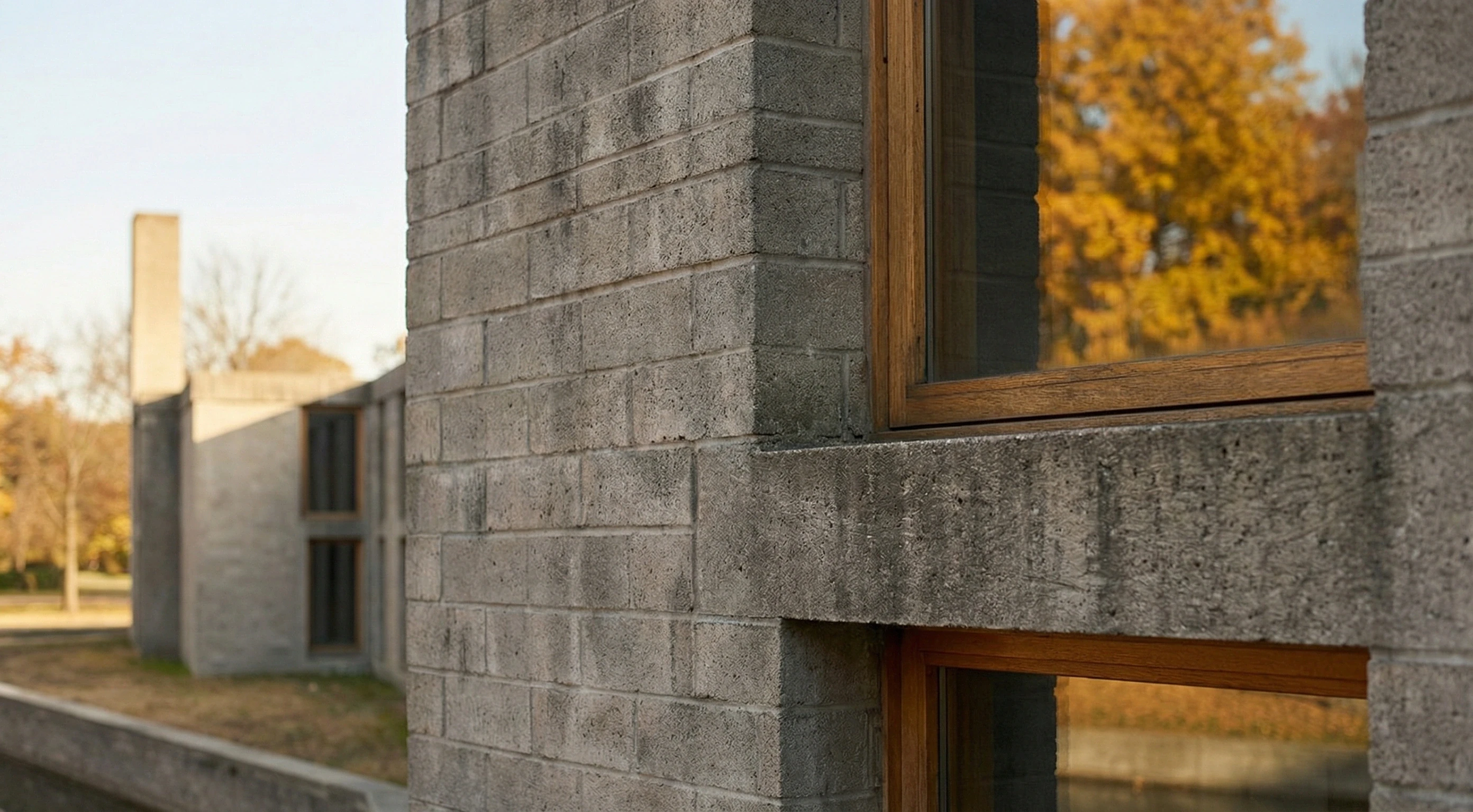 Exterior perspective of concrete masonry volumes — Dominican Motherhouse II reconstruction