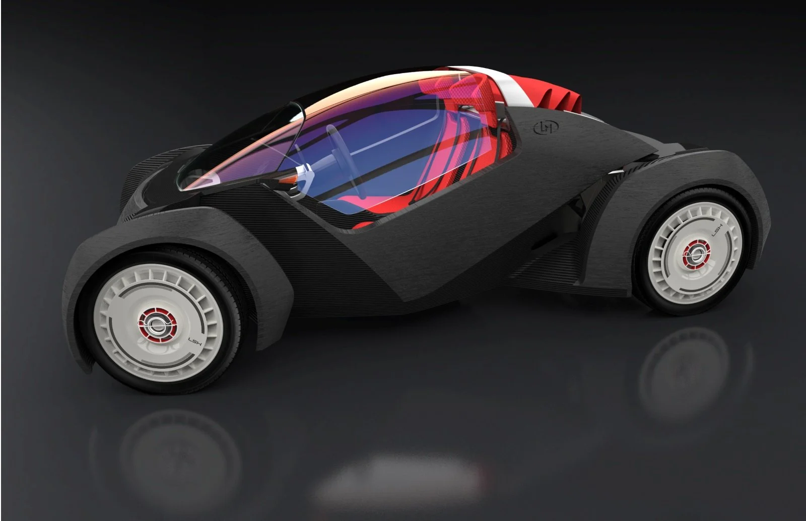 A 3D rendering of a futuristic, multi-material 3D-printed car design