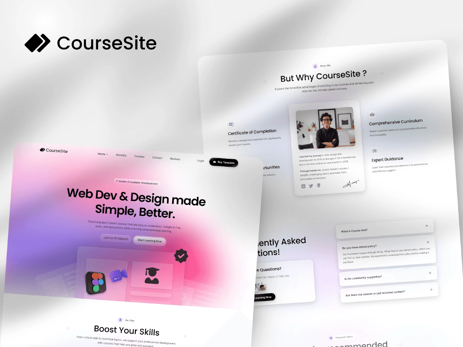 CourseSite e-learning website template featuring vibrant pink gradients and clean UI.
