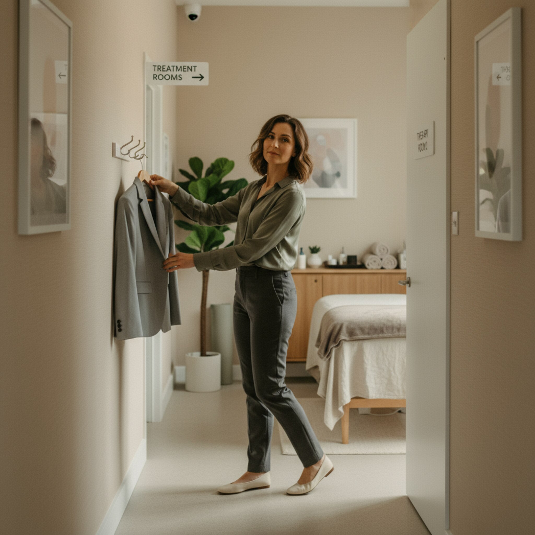 Eine Therapeutin hängt die Jacke an die Garderobe und öffnet leise die Tür zu einem Behandlungsraum. Ein ruhiger Flur und klare Beschilderung geben Orientierung. Die Szene vermittelt einen geregelten und sicheren Zugang zum passenden Raum zum richtigen Zeitpunkt.