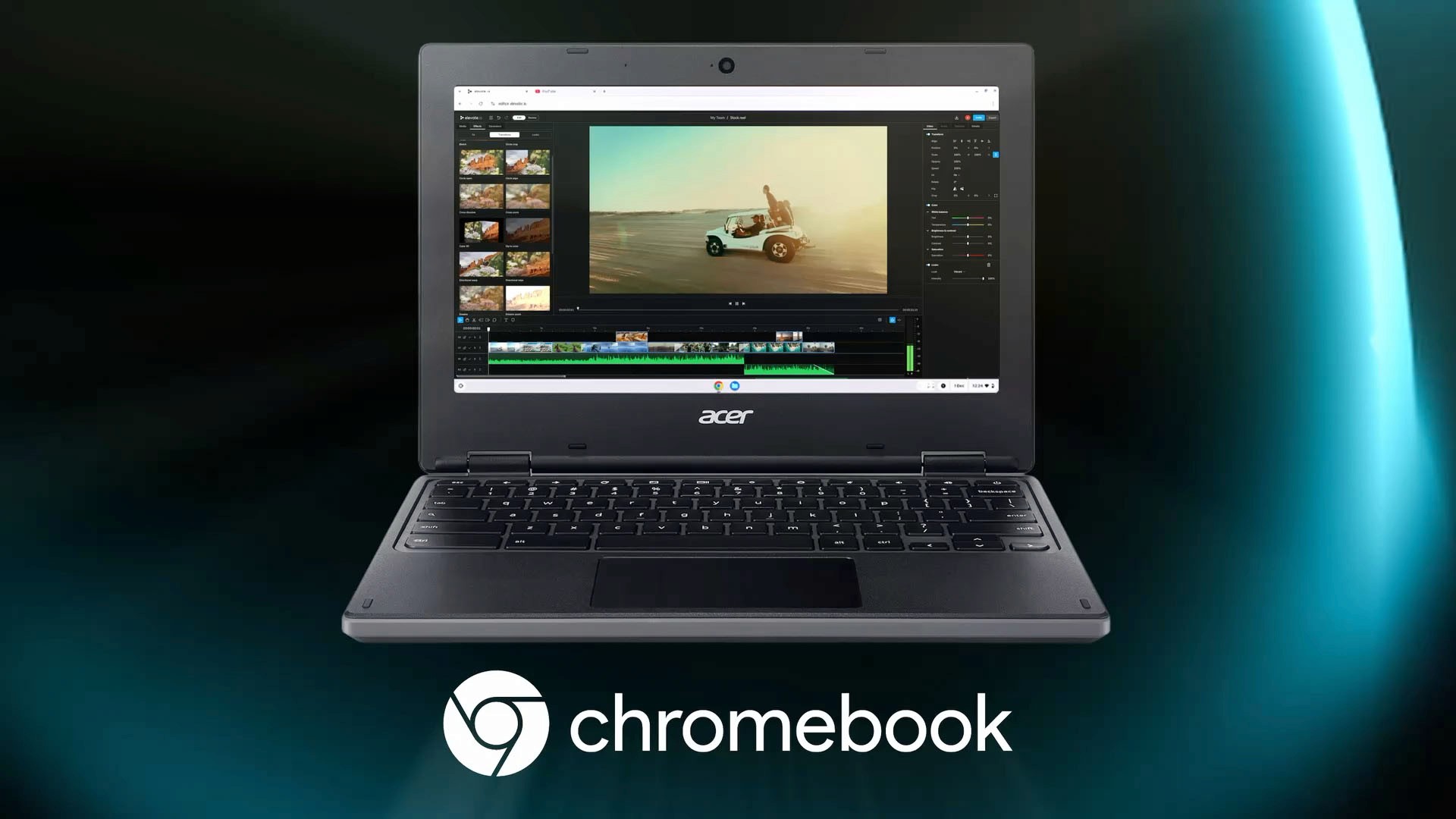 A Chromebook running the elevate.io video editor in Google Chrome.