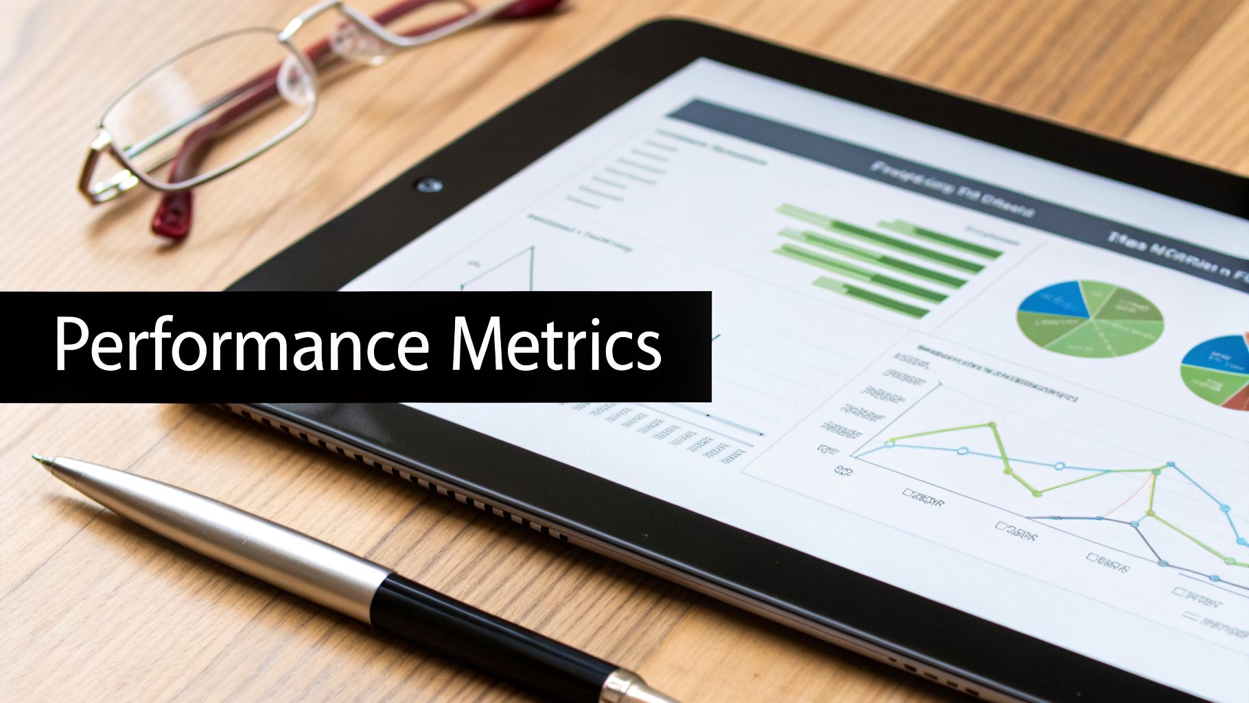 A tablet displays various charts and graphs of performance metrics, next to glasses and a pen on a wooden desk.