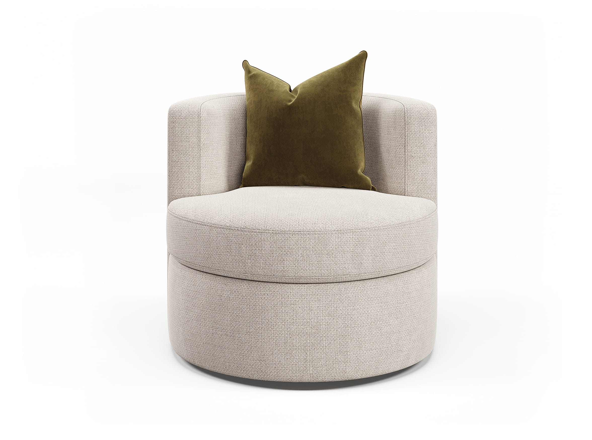 Front view 3D render of swivel chair with soft upholstery and circular seat design
