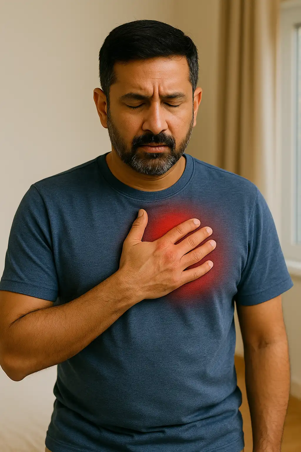 Post-COVID cardiac weakness – man holding his chest with a highlighted pain area, indicating heart fatigue and reduced endurance after COVID-19 infection.