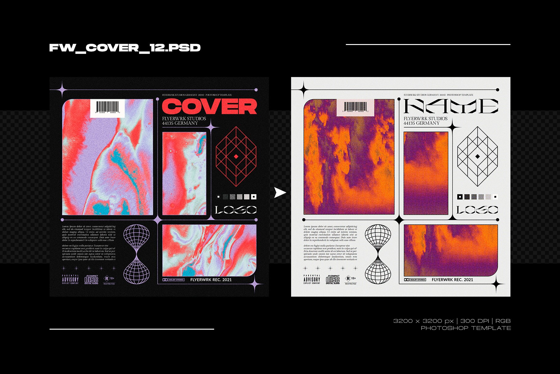 Colorful abstract liquid texture album cover design with geometric wireframe shapes and bold red accents