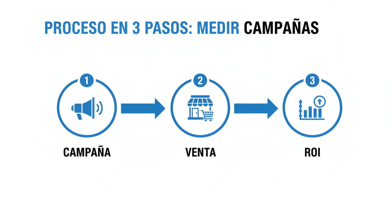 Infografía del proceso de medición de campañas publicitarias en 3 pasos clave: Campaña, Venta, ROI.