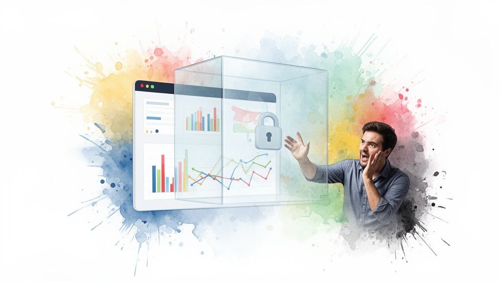 Secure data visualization within a transparent box, inaccessible to a distressed man.