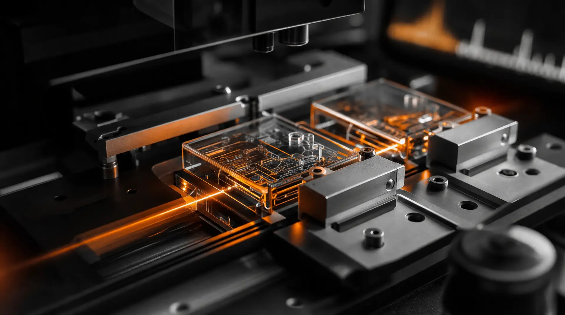 CNC-style processing head engraves an illuminated circuit on a metal fixture, reflecting semiconductor marketing focus on high-precision tech.